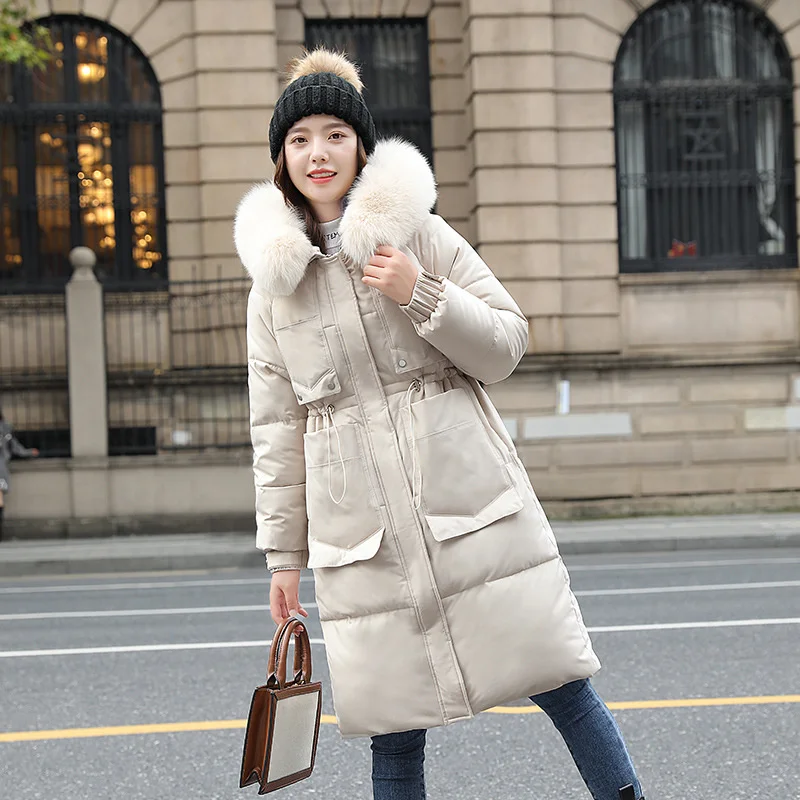 2022 New Winter Women's Removable Fur Jacket Drawstring Zipper Pocket Windproof Long Coat Cotton Paaded Clothing