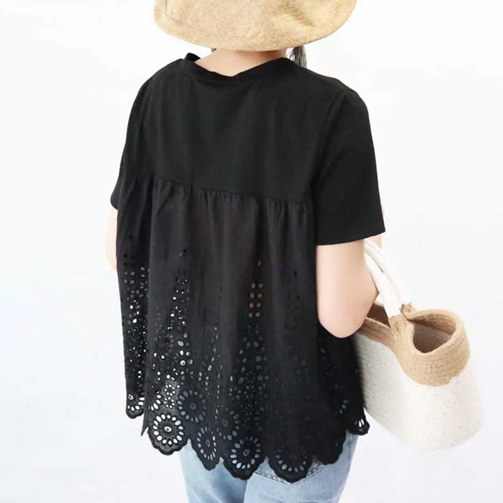 

Summer Cute T-Shirt White Black Sexy Back Hollow Out Chic Lady Short Sleeve Round Neck Shirts Women Kawaii Tops Tees Patchwork