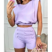 women 2 piece suit women casual sleeveless o neck short top high waist button straight shorts suit summer solid color slim suit