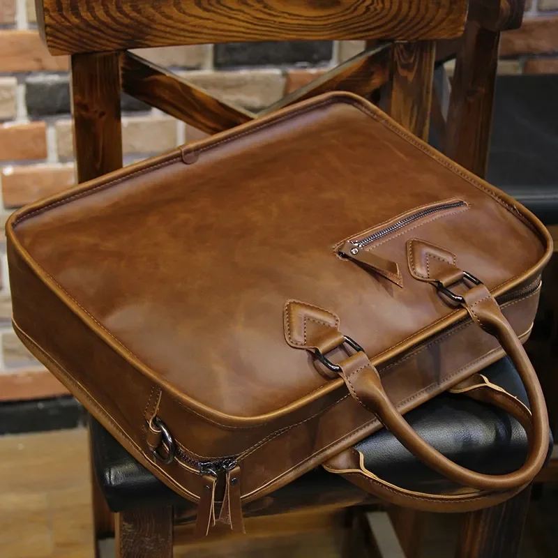 

Crazy Leather Handbag 13inch Vintage Horse Pu Business Bags Shoulder Man Men Brown Big Laptop Messenger Briefcase Bag