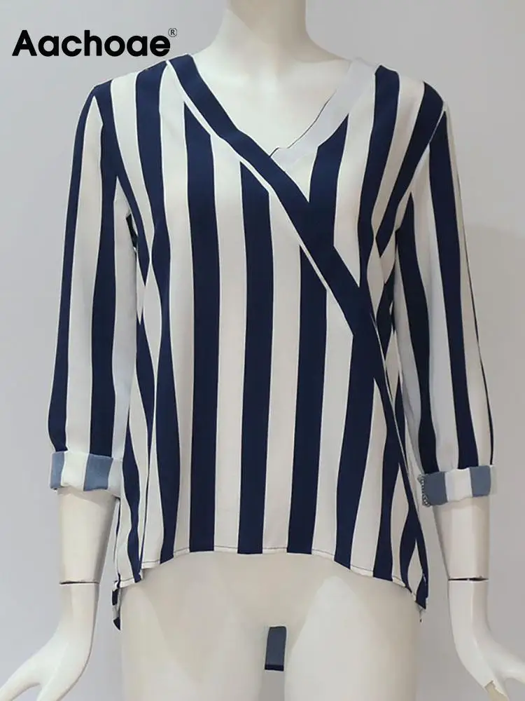 Женская полосатая блузка Aachoae с длинным рукавом и V-образным вырезом повседневные