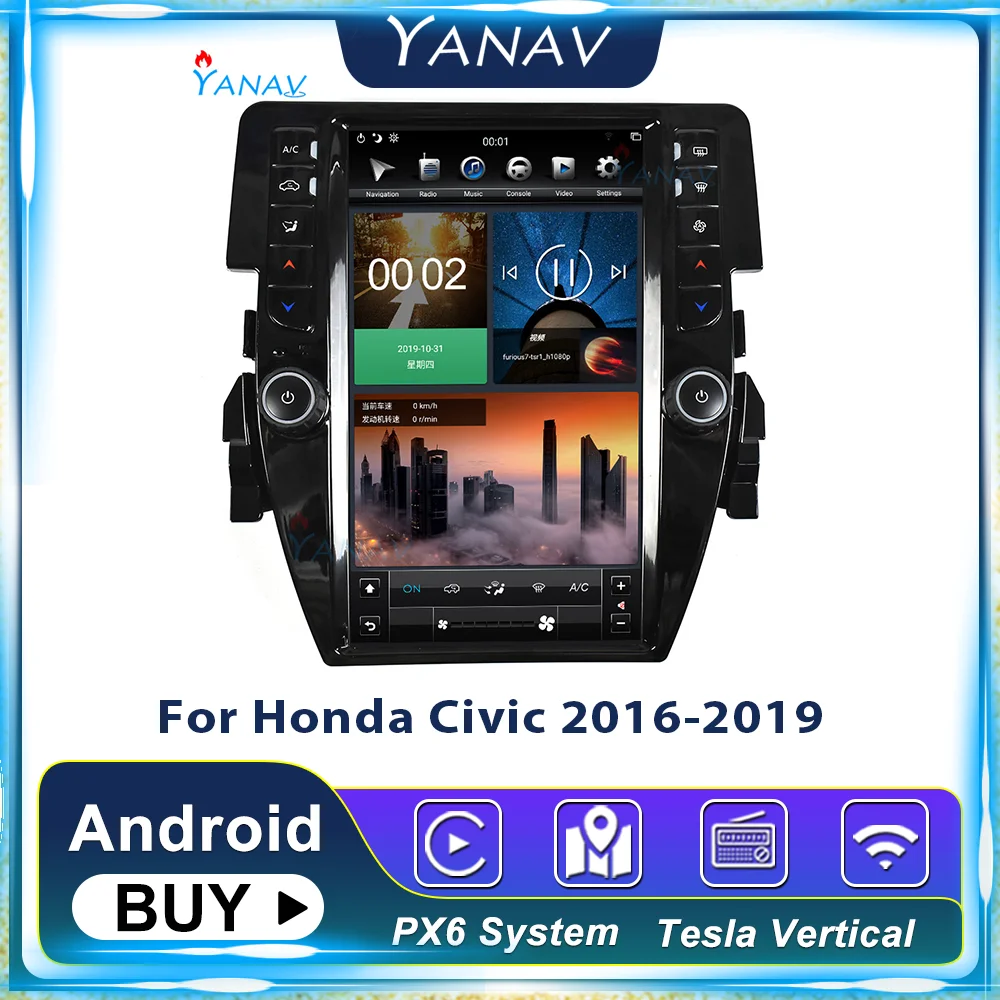 

Android Tesla Vertical Car Radio For Honda Civic 2016-2019 Multimedia MP3 Player HD Screen Video Head Unit Stereo Receiver