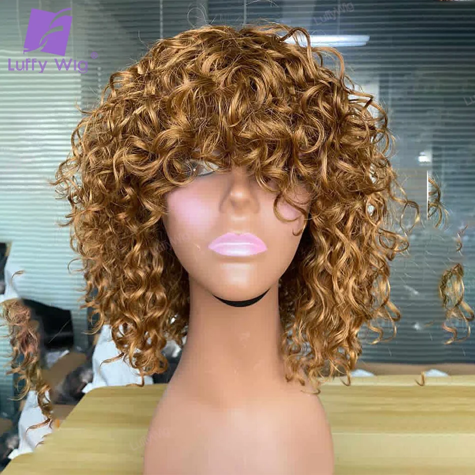 

Ombre Colored Wet Wavy With Fringe Bangs Wig Full Machine Made Human Hair Wig Brazilian Remy For Women Honey Blonde O Scalp Top