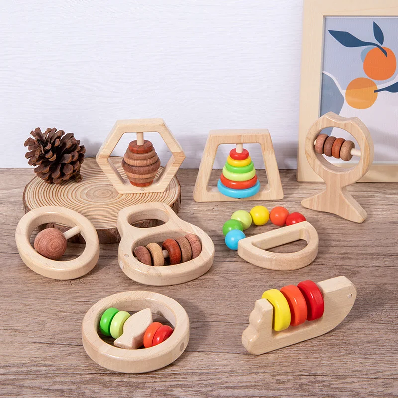 

Hevesrz Wooden Toddler Early Educational Montessori Toy Baby Chew Wood Hand Rattle Grasp Toy