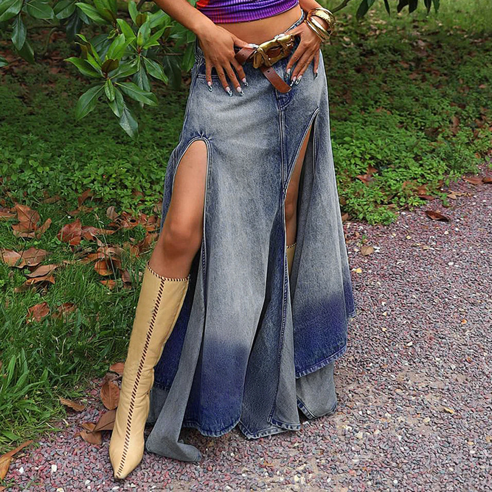 

Women Long Jean Skirt Distressed Denim A Line Maxi Skirt Gradient Color Asymmetrical Hem Zip Up with Pockets Summer Streetwear
