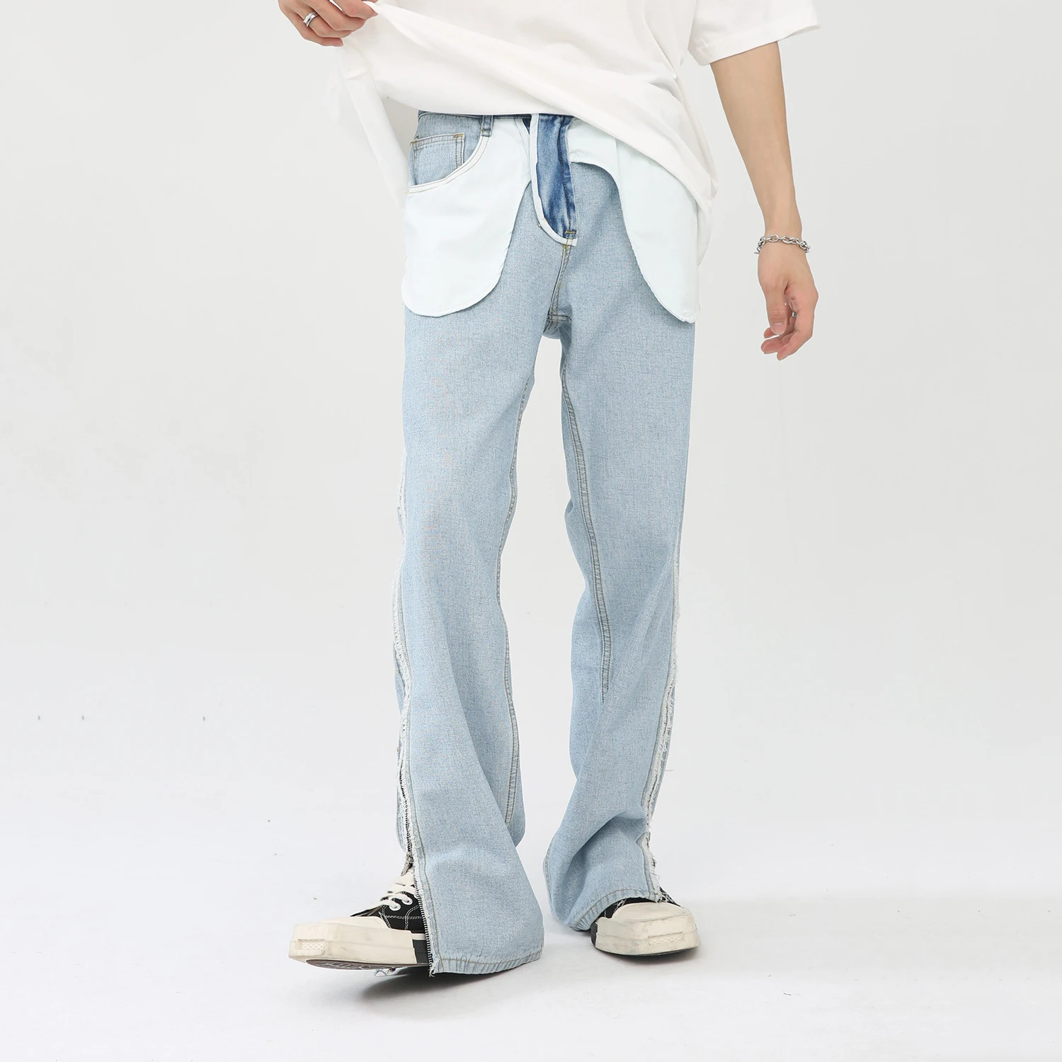 Jeans Men Four Seasons Blue Straight Trend Jeans Reverse Design Loose Casual Zipper Slit Trousers Y2k Aesthetic Pants Men Jeans