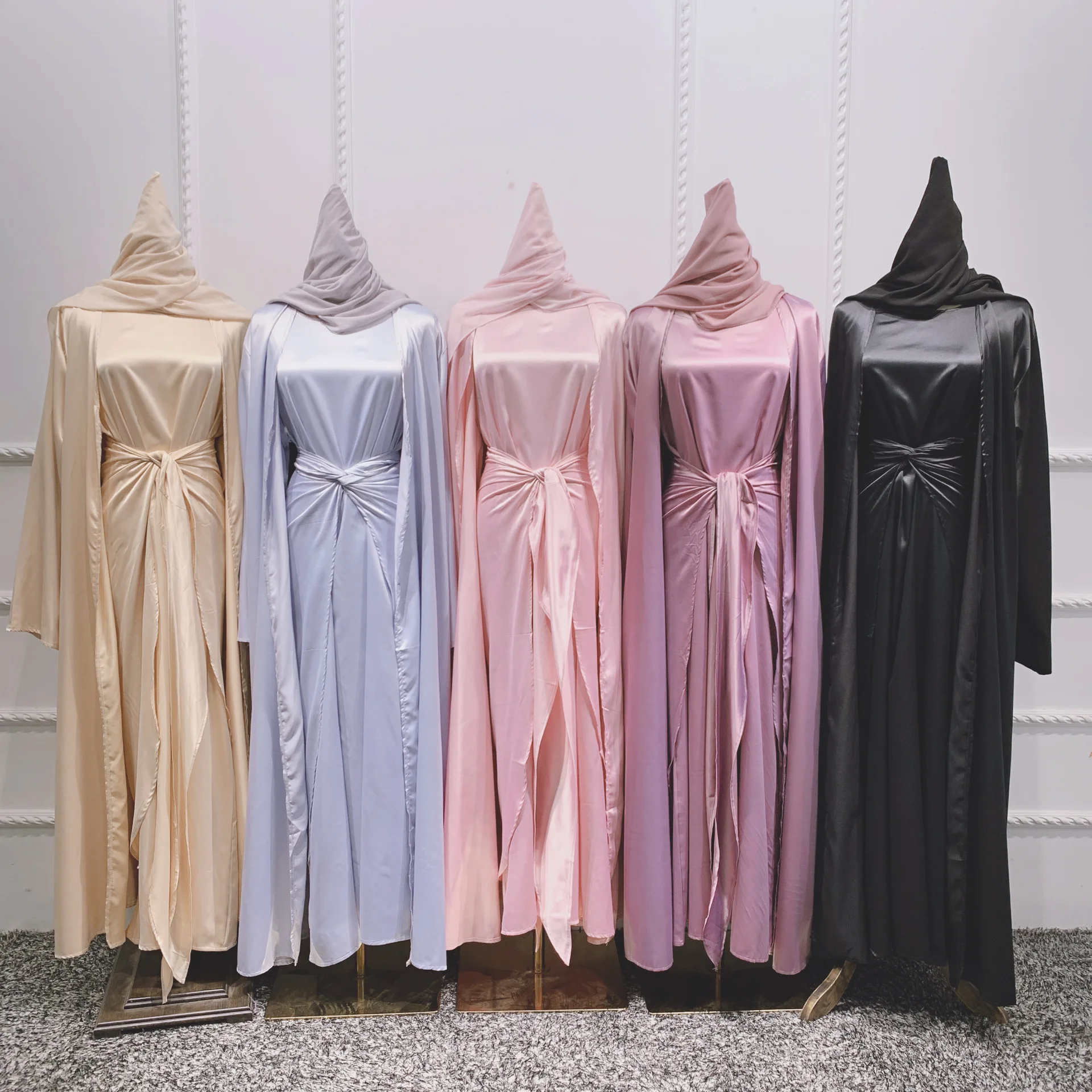 3 Piece Silky Abaya Set Plain Matching Outfit Women Muslim Fashion Dubai Saudi Modesty Open Kimono Long Dress Wrap Skirt Turkey