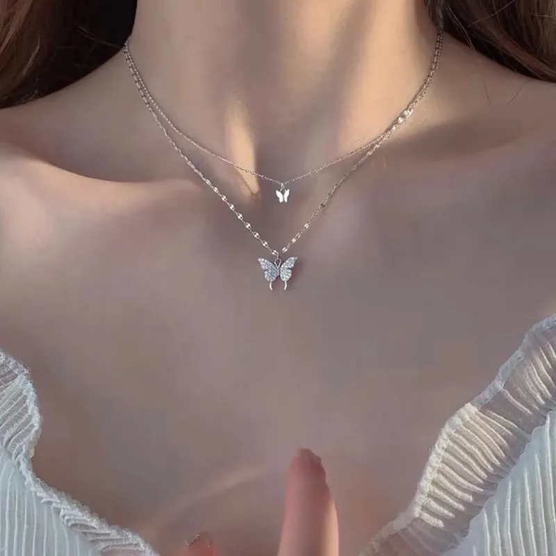 Titanium colorfast rhinestone double butterfly necklace women's senior design sense of luxury niche clavicle chain