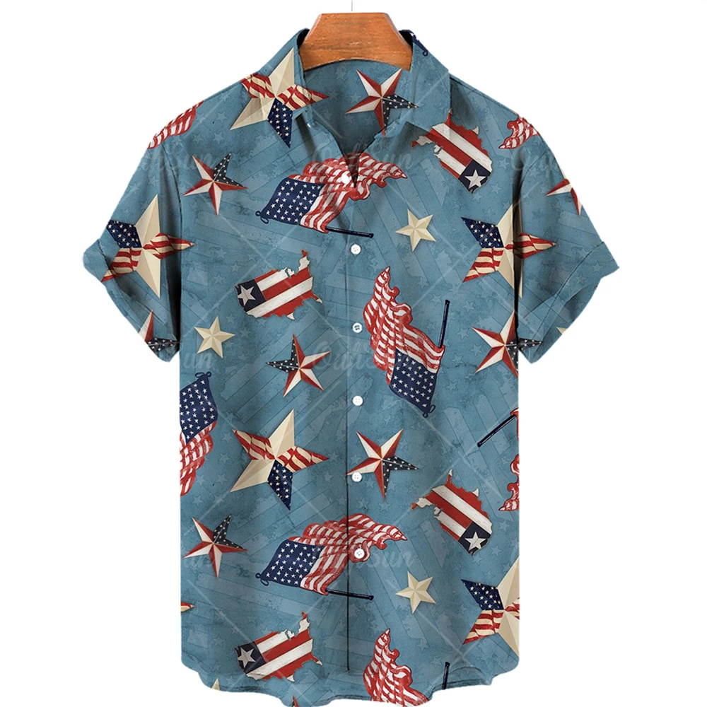 Men's Hawaiian Shirt Cropped Single Button Lapel Shirt 3D Printed American Flag Hip Hop Summer Plus Size Hot Sale