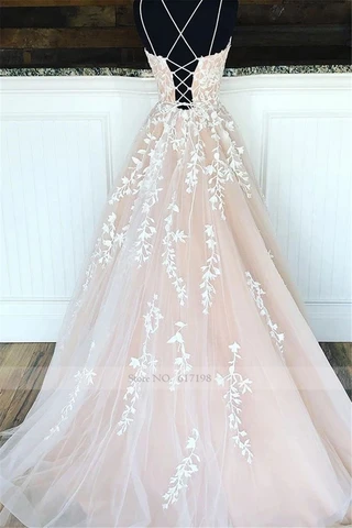 ANGELSBRIDEP Champagne Wedding Dresses Spaghetti Strapless Applique Lace Tulle Floor Length A-Line Bridal Gowns Vestido De Noiva