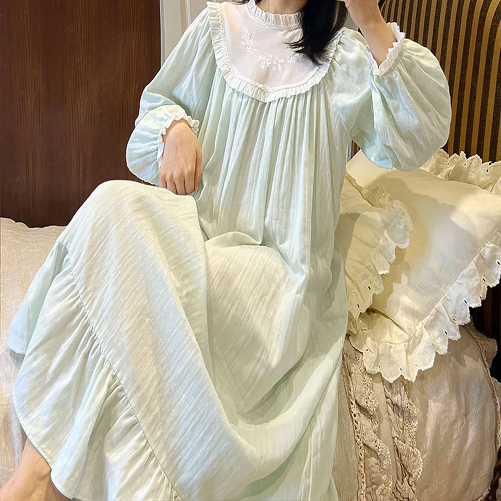 2022 New Women Long Sleeve Vintage Nightgown Retro Cotton Palace Nightdress Classic French Court Princess Lounge Sleepwear Gowns
