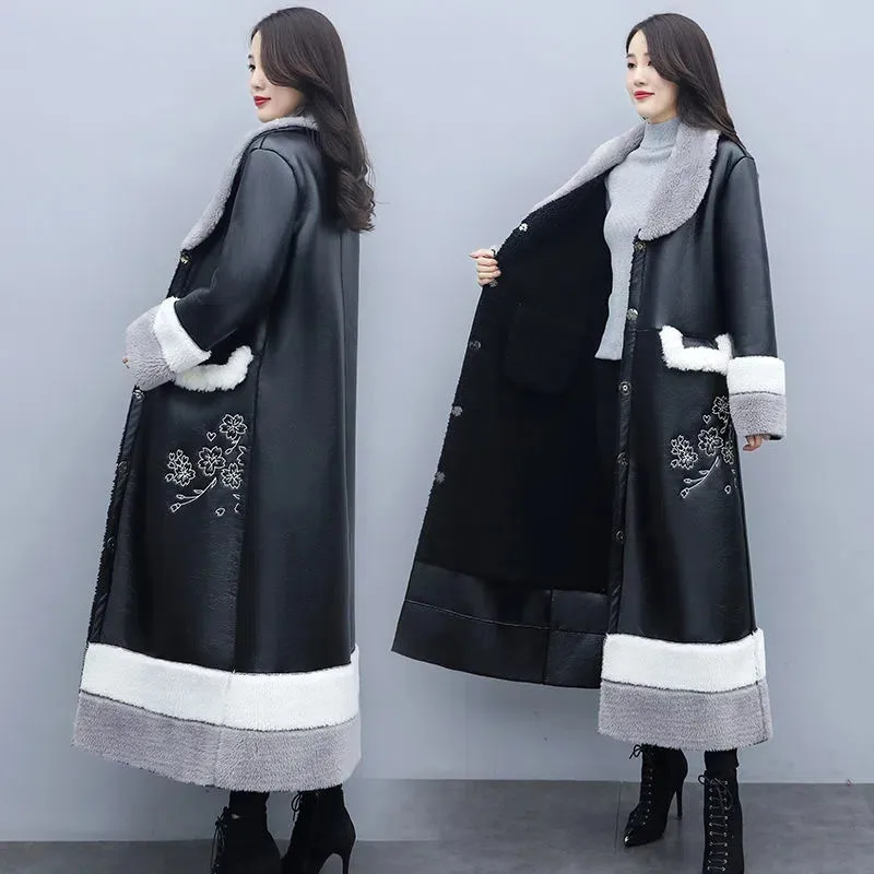 Модная Меховая куртка, Женское пальто из искусственной овечьей шерсти, новая зимняя Толстая теплая длинная верхняя одежда из овечьей шерсти, женское Свободное пальто H2622