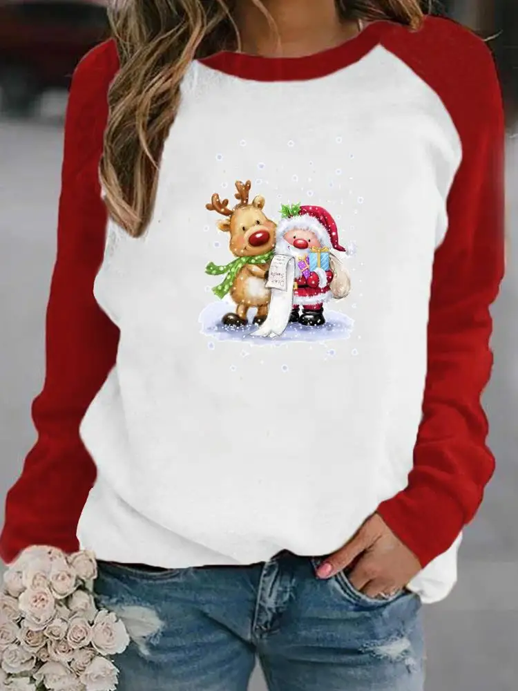 

Merry Christmas Women Tops Clothes Tees Fashion Lady Cartoon Winter Season Happy New Year Long Sleeve Female Graphic T-Shirt