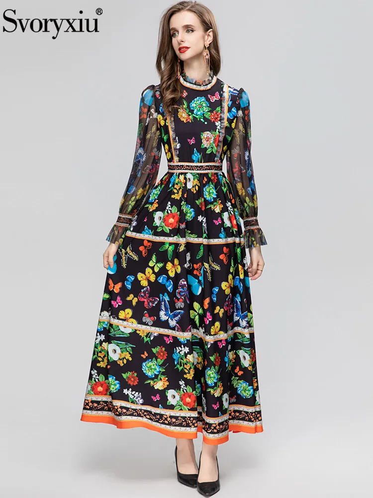 

Женское платье с высокой талией Svoryxiu, разноцветное винтажное платье из сетчатой ткани с рукавами-фонариками и вышивкой бабочки на весну и лето 2019