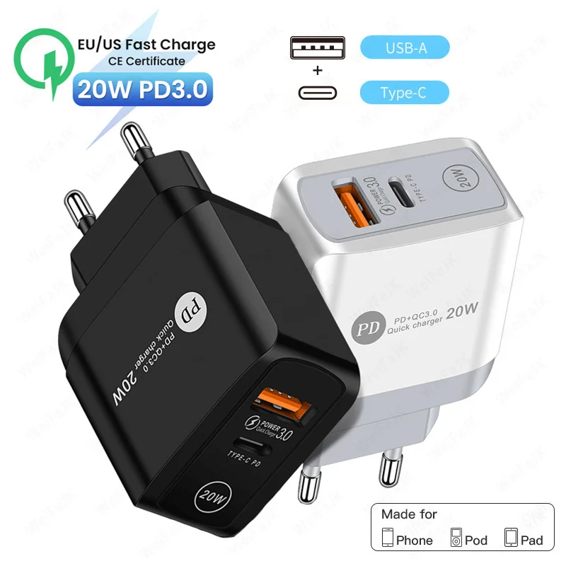 

Быстрое зарядное устройство 20 Вт QC 3,0 PD для Apple iPhone 12 11 Pro Max Xiaomi Samsung, быстрое зарядное устройство Usb Type C, дорожное зарядное устройство для теле...
