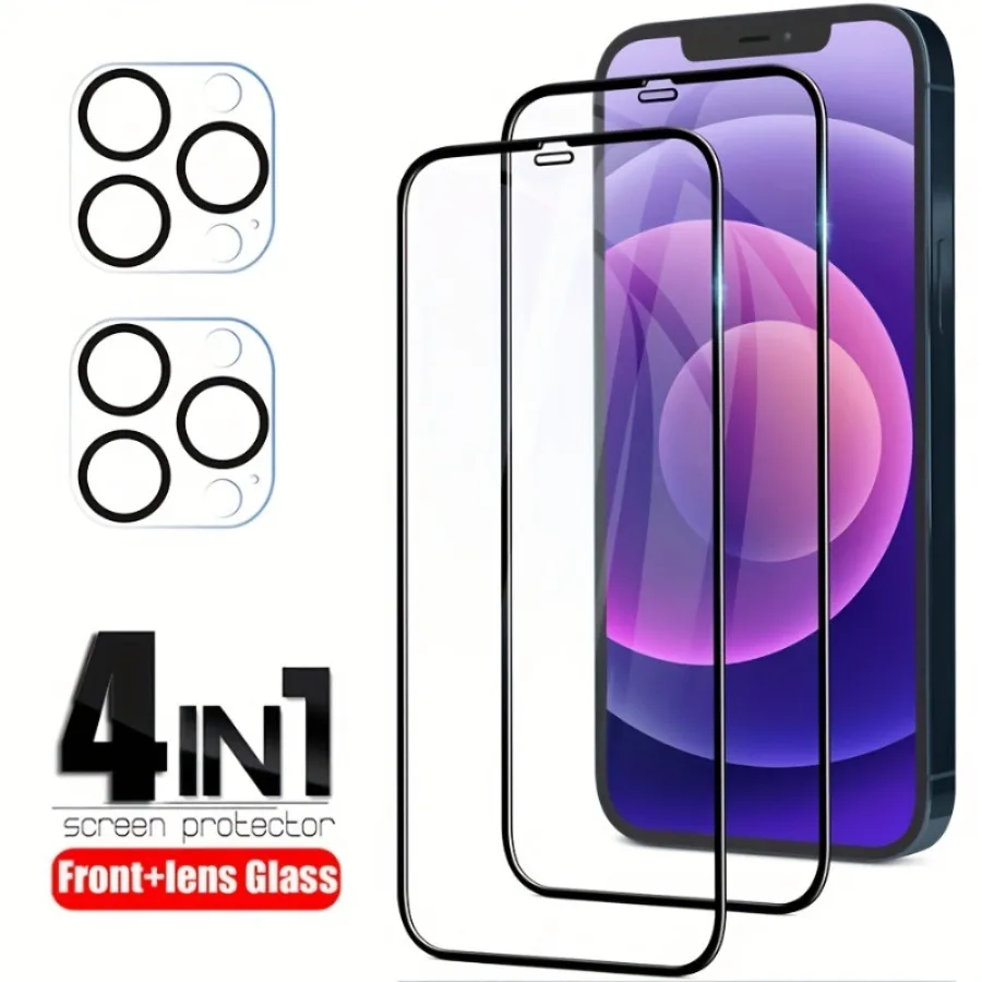 

2 Pack Full Cover Screen Protector Film + 2 Pack Camera Lens Film For IPhone 11 12 13 14 Pro Max 15 14 Plus 12 13 Mini Glass