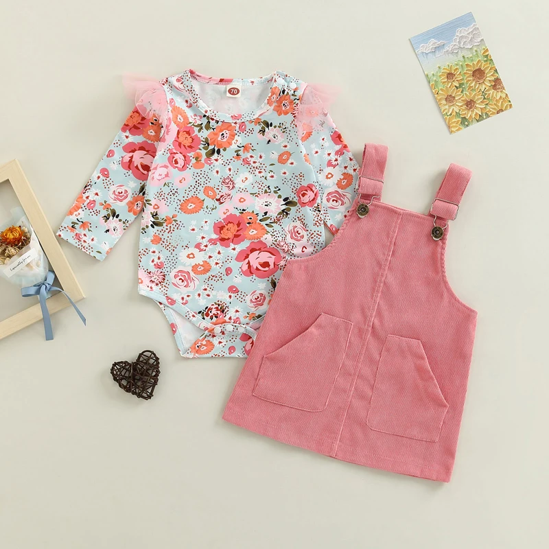 

Free Shipping New Born items Baby Girl Fall Long Sleeve Floral Print Bodysuit Overalls Dress Outfits Clothing Set