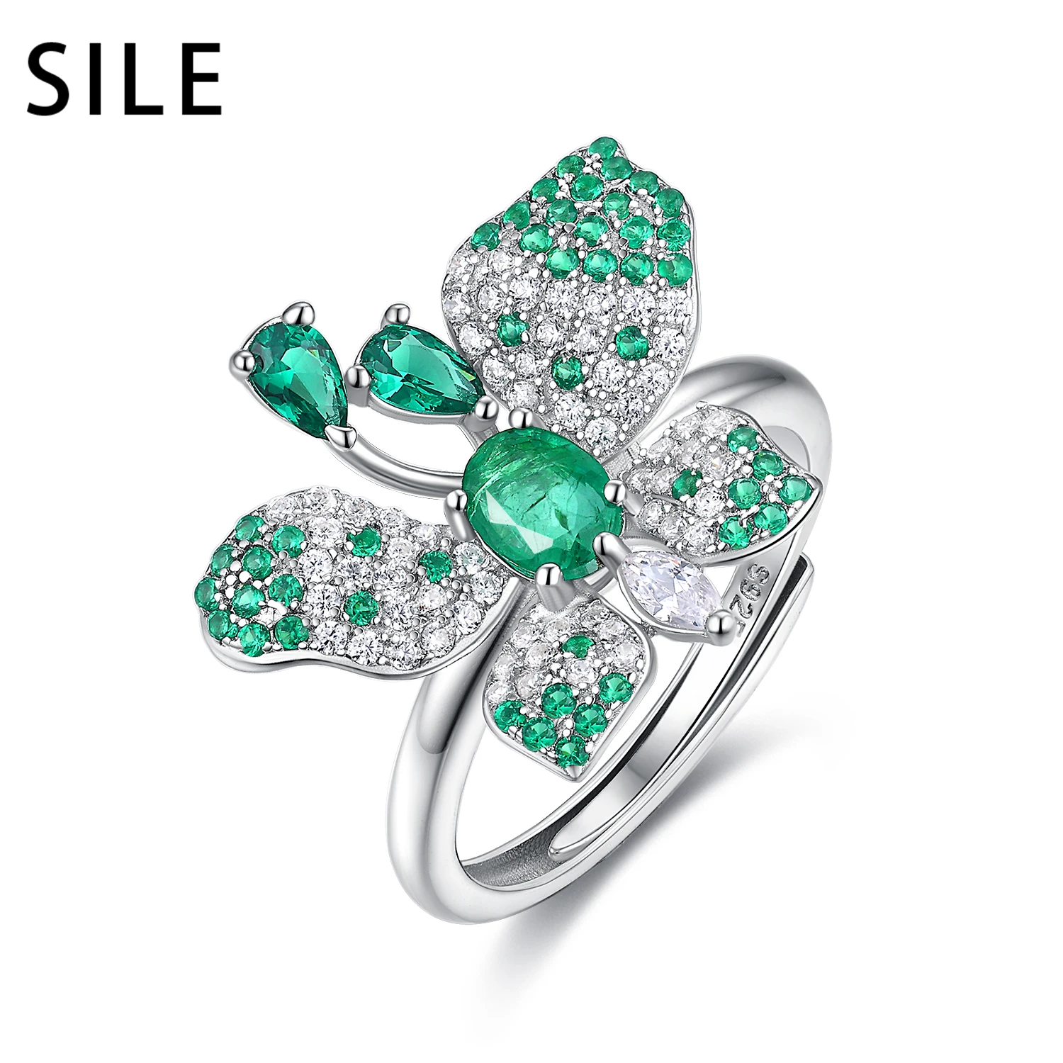 SILE Adjustable 925 Sterling Silver Butterfly Natural Gemstone Emerald CZ Rings Women Luxury Jewelry Wedding Party Dating Ring
