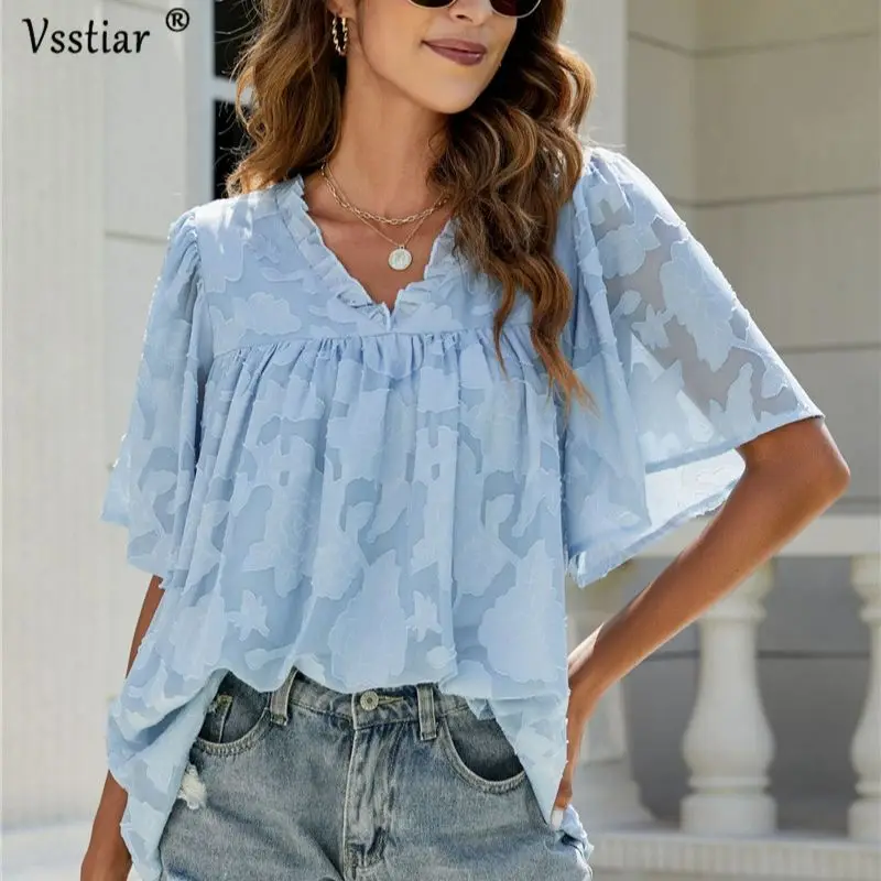 

Wedifor Trumpet Half Sleeve Chiffon Blouse Elegant Lace Casual Women Tops Fashion V Neck Loose Ladies Shirts Clothing