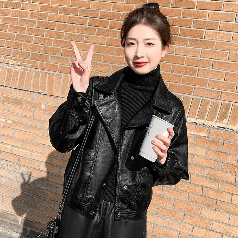 

Faux Leather Jacket Women PU Leather Coat Lady Lapel Jackets 2022 New Women's Single Breasted Casual Loose Coats Outerwear A28