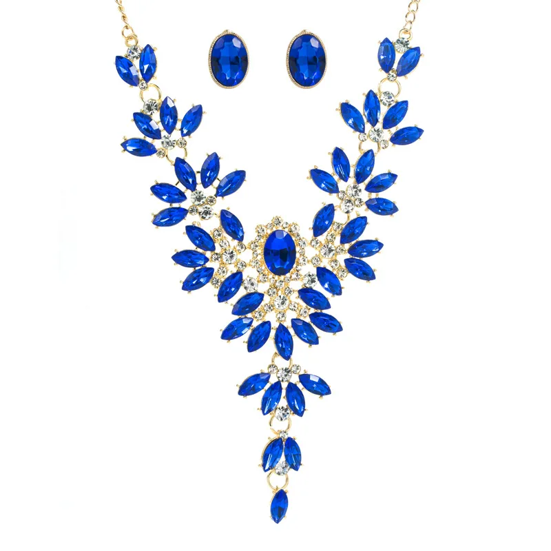 

Charming Blue Crystal Oval Earrings Necklaces Jewelry Sets For Women Wedding Engagement Bridal Sets