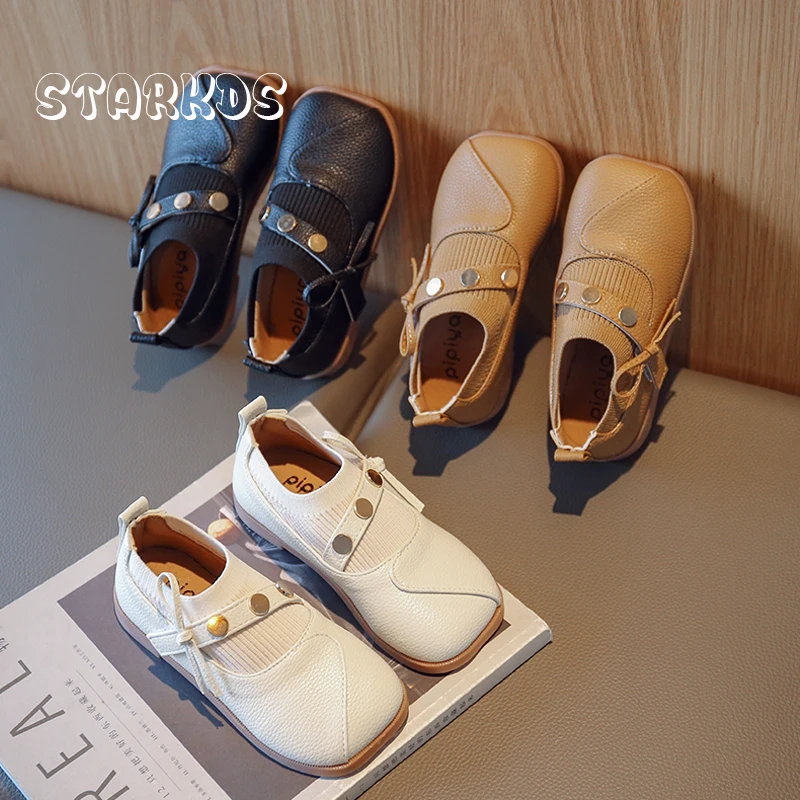 Kids Leatherette Dress Shoes Spring Autumn Girls Loafers Children Square Toe Ballet Flats with Metal Buckle & Bow-knot