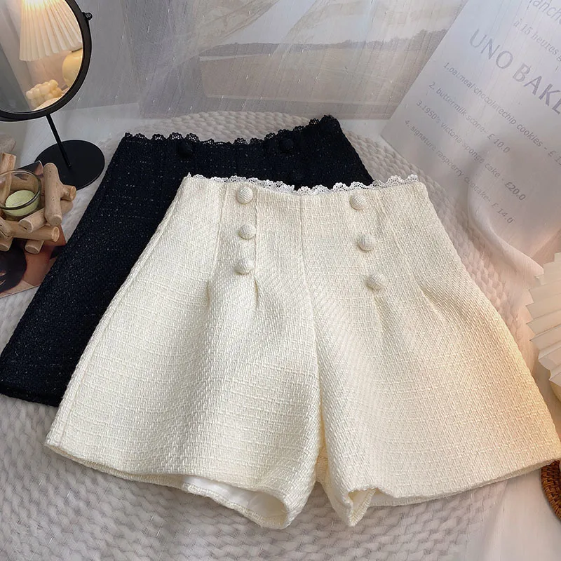 

2023 White Tweed Shorts Women Drawstring Streetwear Shorts Zipper Female All-Match Wide Leg Bottoms Female