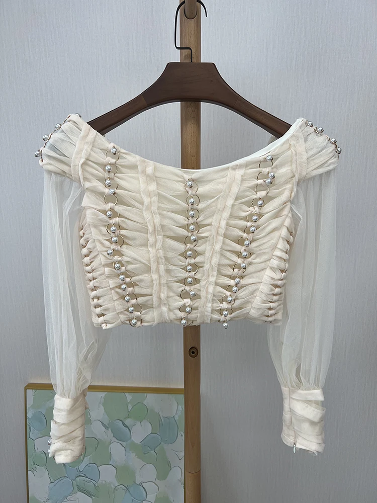 

Australian Brand 2022 Summer Season Blouses Holiday Style Scoop Neck Pearl Decoration 100% Polyster 2 colors Long-Sleeve Branded