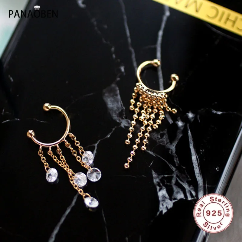 

Женские серьги из серебра 925 пробы PANAOBEN, серьги-кисточки без пирсинга, изысканная Цепочка с кристаллами, многослойные серьги зажим, ювелирны...