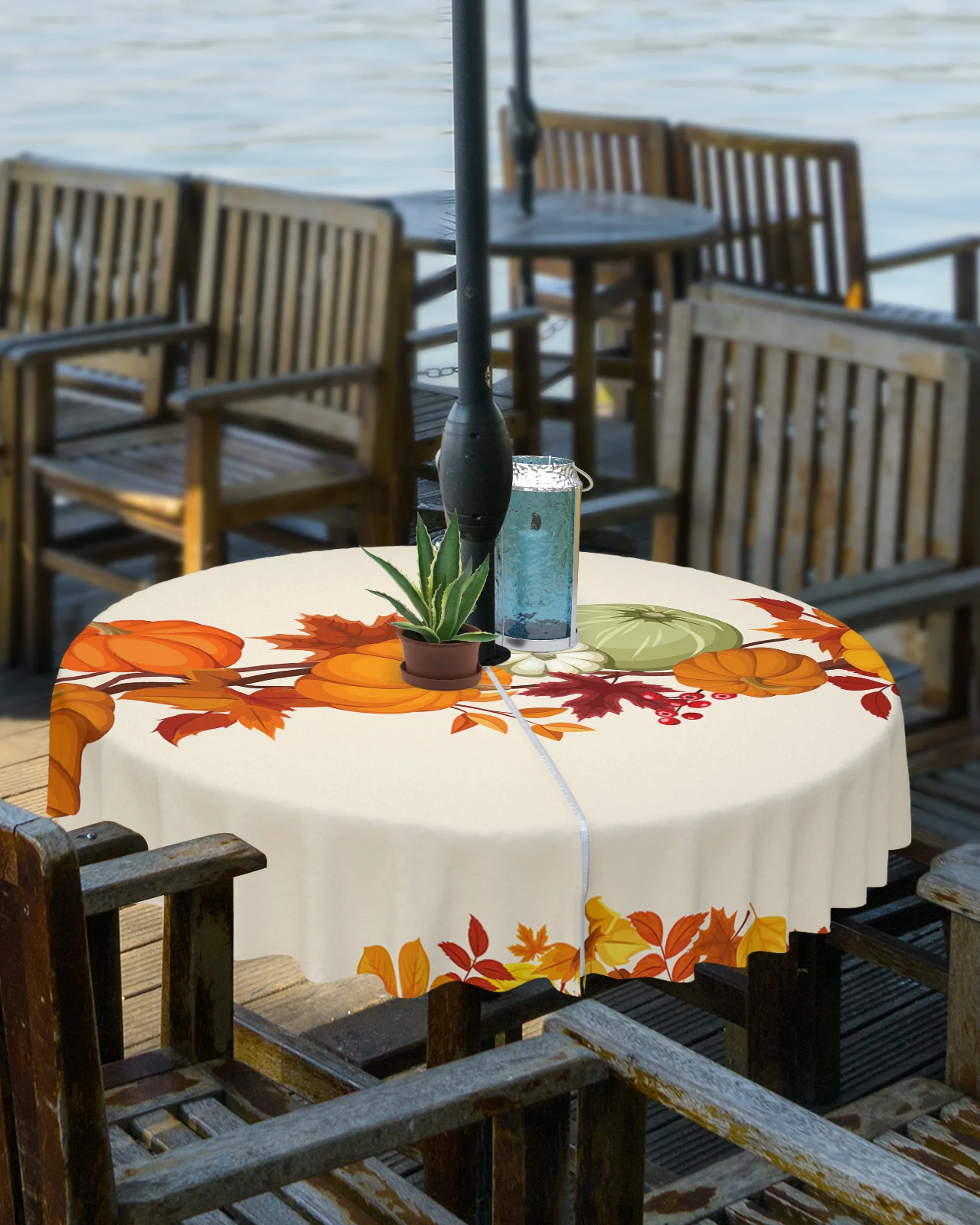 

Thanksgiving Pumpkin Maple Leaf Outdoor Tablecloth with Umbrella Hole Zippered Waterproof Picnic Patio Round Table Cover