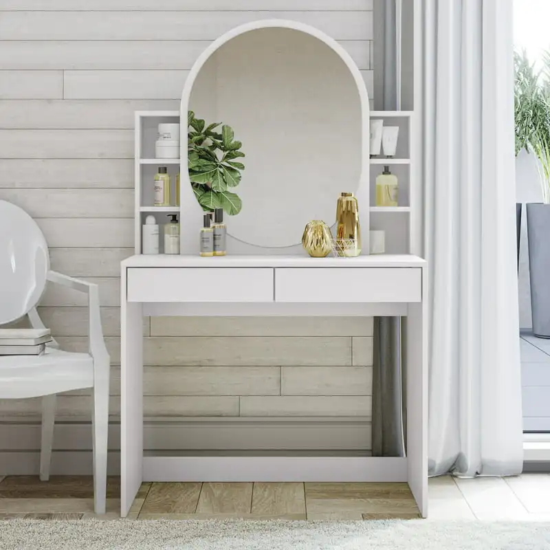 

2 Drawer Vanity table, Large Mirror & Storage Niches, in White for Bedroom