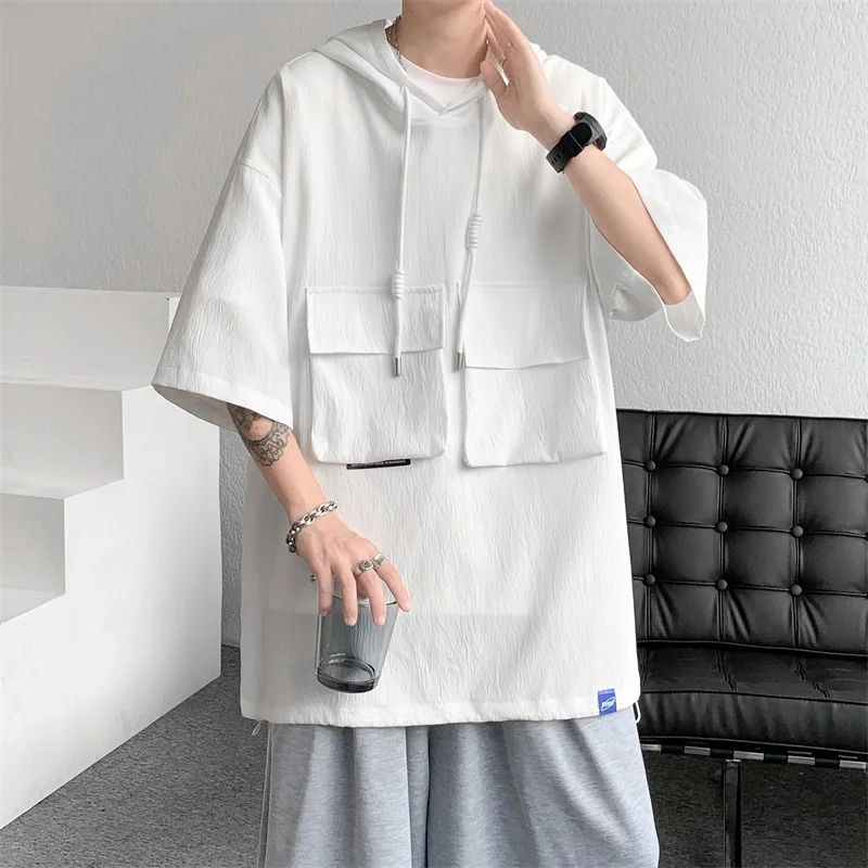 

Summer Hooded Tshirt Men Fashion Retro Pocket T Shirt Men Japanese Streetwear Hip Hop Loose Short Sleeve T-shirt Mens Top M-3XL