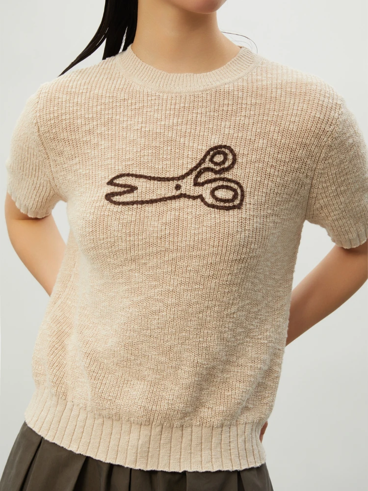 

Women's Embroidered Round Neck Knit T-Shirt - Soft Breathable Korean Fashion 2023