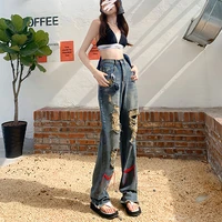 summer punk harajuku style y2k streetwear jeans women ins vintage mopping fringed trousers blue high waist baggy ripped pants