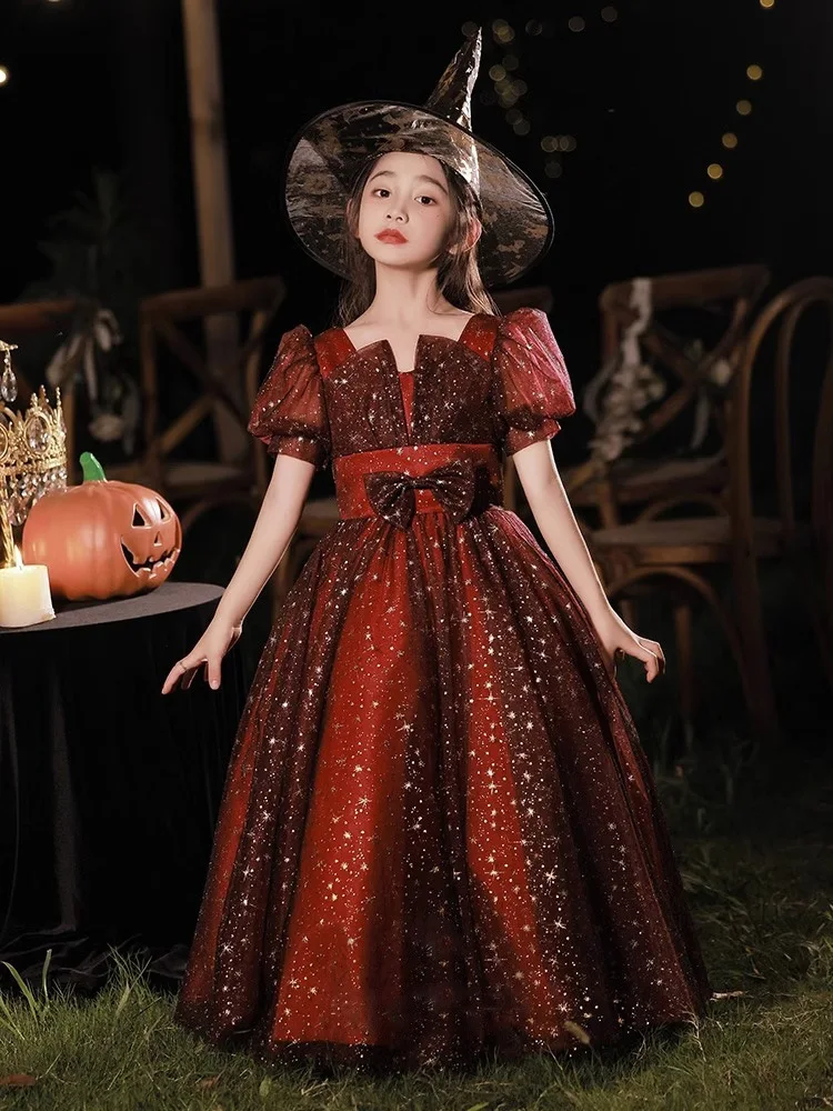 

2023, костюм на Хэллоуин для детей, платья для рождественской вечеринки, элегантное платье для девочек-подростков, платье с блестками и шляпа ведьмы