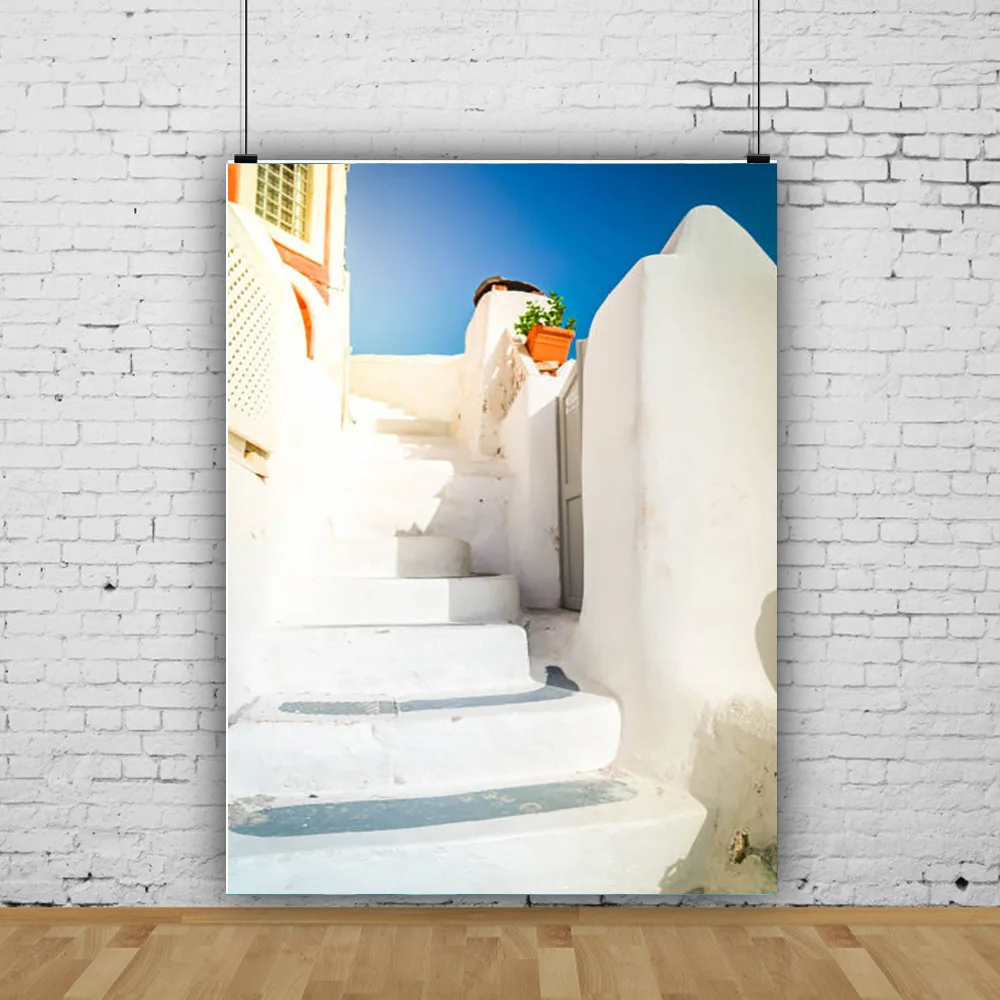 

Santorini Greek Aegean Sea Holiday Party Decoration Bay Town Architecture Flowers Stairs Photography Background XC-13