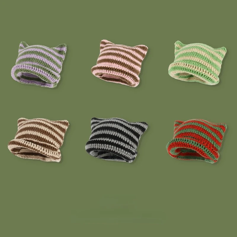 

New Japanese Beanie Hat Ins Little Devil Striped Knitted Wool Cap Autumn and Winter Cute Cat Ears Pointed Pullover Women's Hats