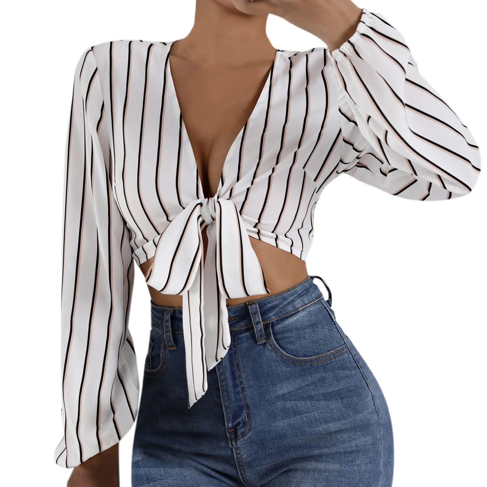 

Women Sexy V-neck Puff Sleeve Cardigan Midriff Blouses Summer Bandage Long Sleeve Tops Ladies Korean Fashion Short Clothes Blusa