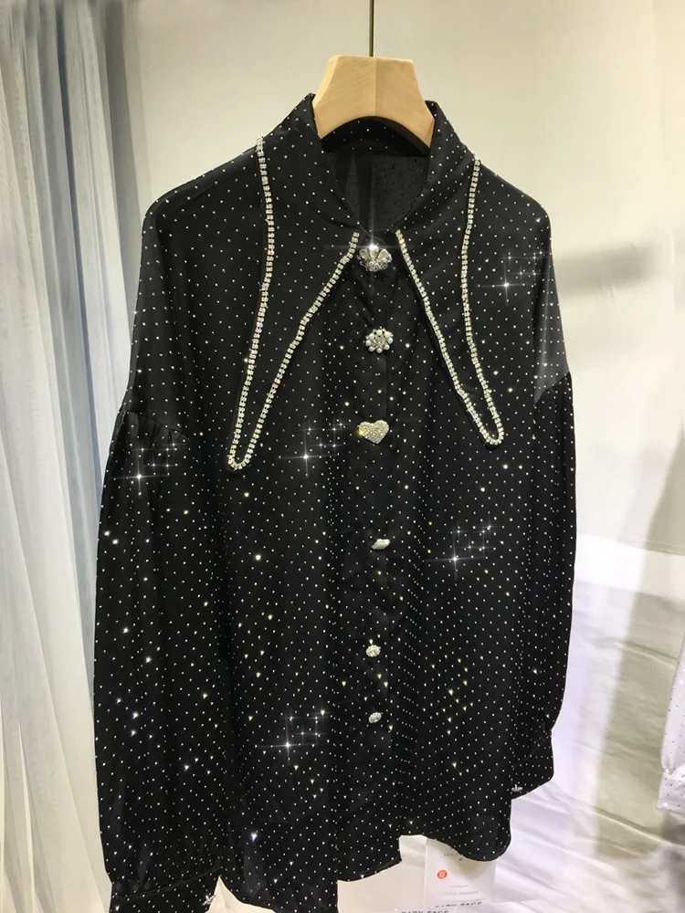 

High Quality Full Hot Drilling Luxury Beading Turn-down Collar Loose Long Sleeve Blouses Women Autumn New Silky Mid-long Shirts