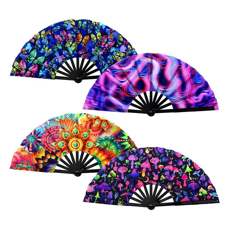 

4 Piece UV Chinese Handheld Fan For EDM Music Festival Club Event Party Dance Performance