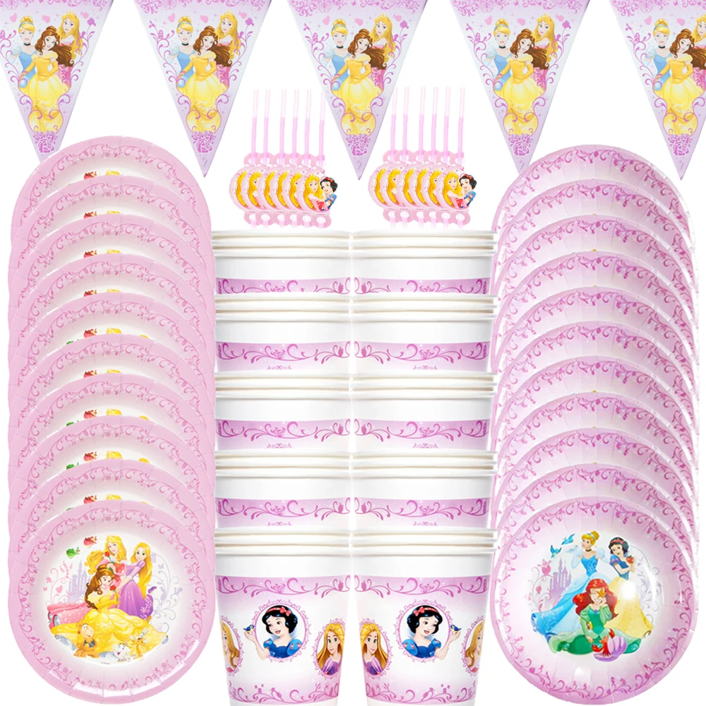

Набор одноразовой посуды в стиле принцессы, Декор, чашка, наклейка, соломенная тарелка для девочек, детский праздник на день рождения, детск...