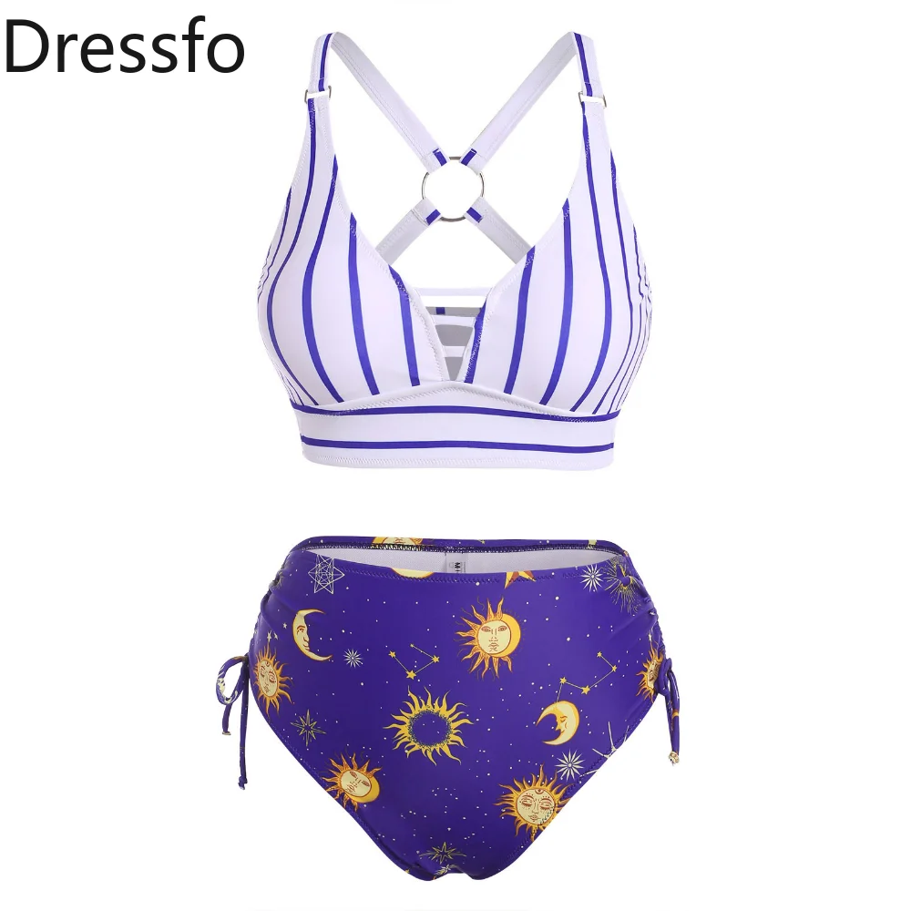 

Dressfo Striped Sun Moon Star Print Cinched O Ring Tankini Swimwear Women High Waist Bathing Set Swimsuits Bikini Beachwear 2023