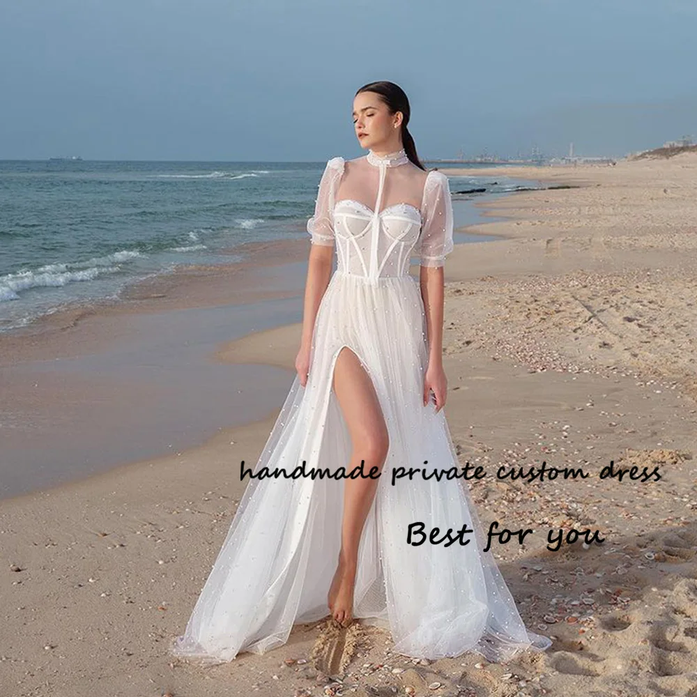 

White Pearls Tulle Beach Wedding Dresses Short Sleeve High Neck Bohemain Bridal Gowns A Ling Long Bride Dress