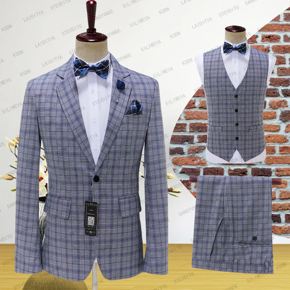 2023 New Style Fashion Boutique Lattice Formal Business Men Set Groom Wedding Dress Plaid Suit 3 Pcs( Jacket+Pants+Vest )