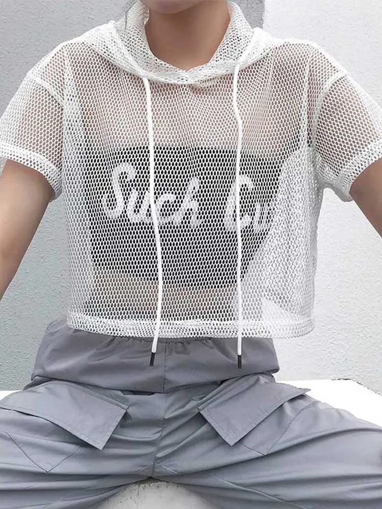Womens Hollow Mesh Net Hooded T-Shirt Short Sleeve Tee Tops Transparent Black Swxy Clubwear Party