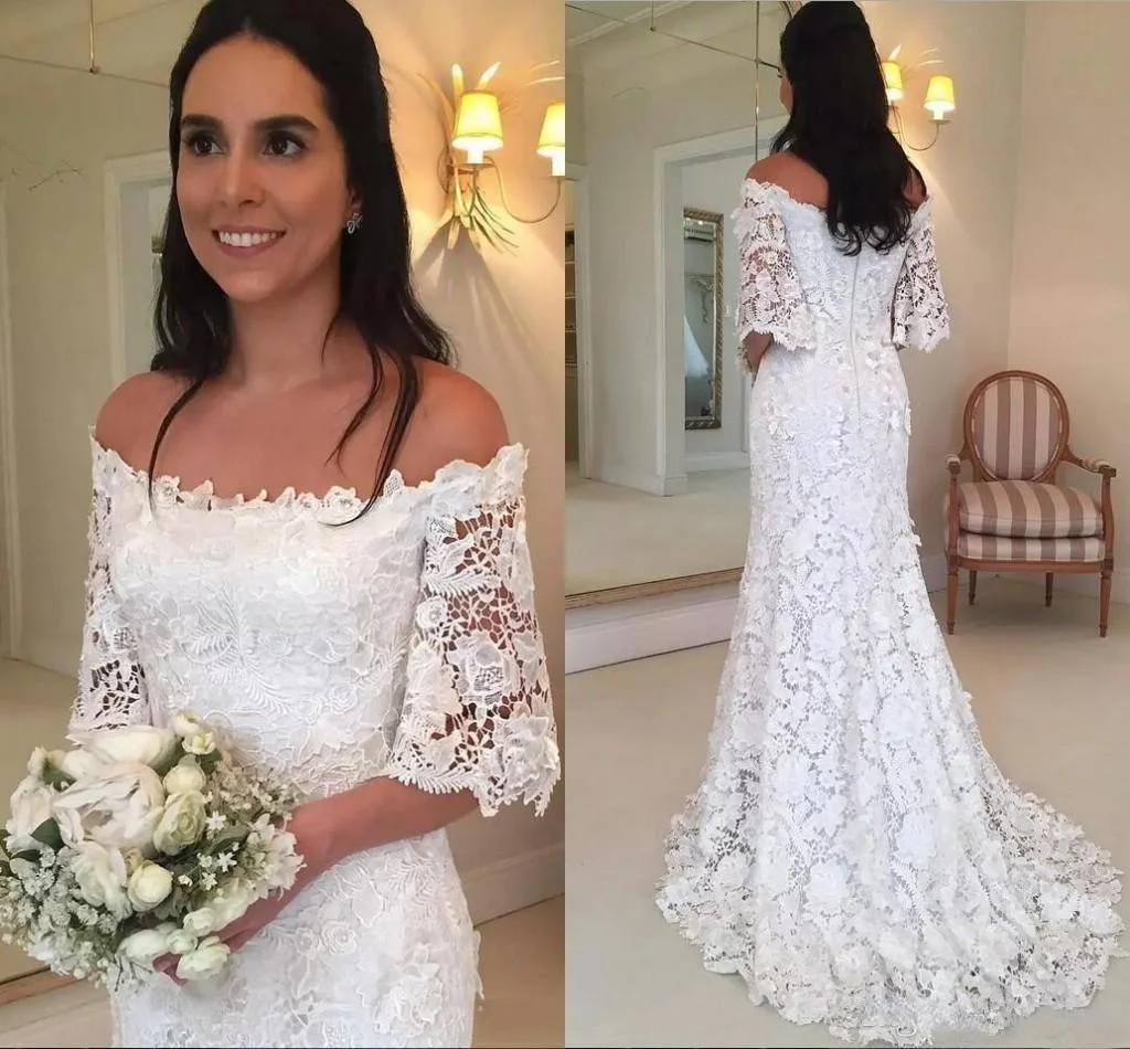 

vintage lace Mermaid Wedding Dresses Country half long sleeve bateau neck Bridal Gowns sweep train cheap Wedding Gowns For