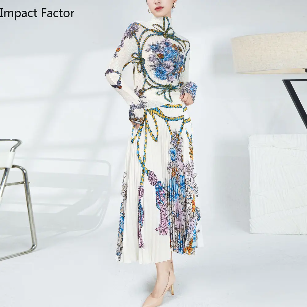 

2023 New Design Pleated Print Long Split Skirt Set Large Swing Slim Style Retro Fashion Undercoat Elegant Women's Clothing