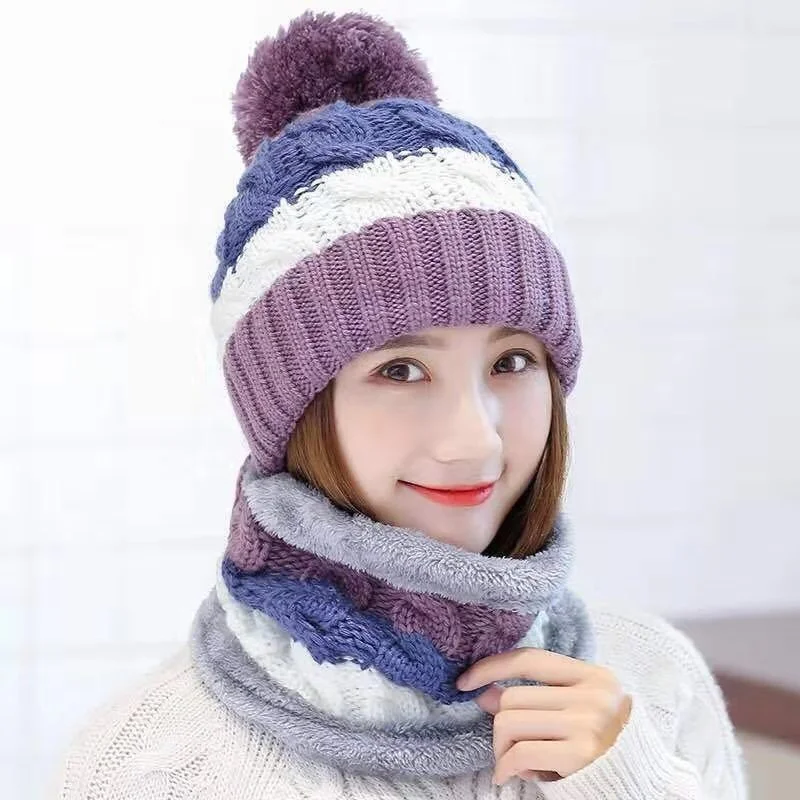 

Hat Women's Winter Knitted Woolen Hat Ear Protection Thickened Korean Edition Two Piece Set Winter Cycling Plush Casual Hat
