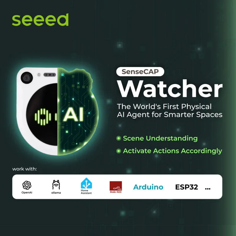 Белый корпус Seeed SenseCAP Watcher W1-B — физический агент с искусственным интеллектом для