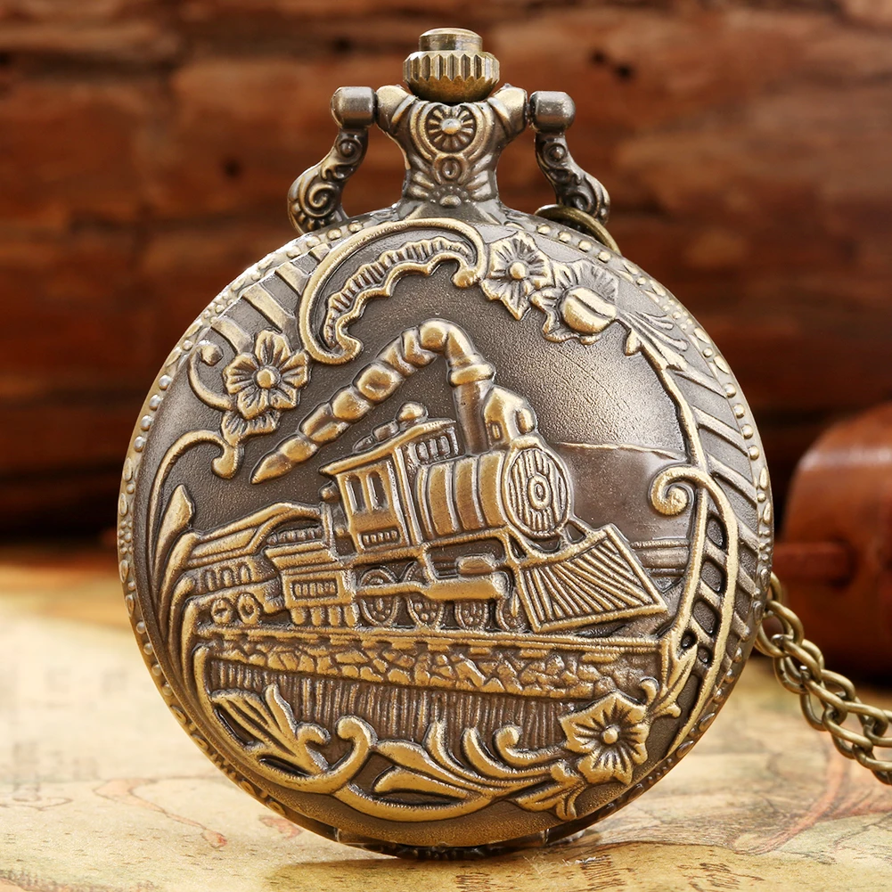 

Antique Bronze Train Locomotive Engine Carved Steampunk Gears Quartz Pocket Watch Pendant Men Clock Women Necklace Chain Gifts